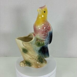 Royal Copley Glazed Pottery Yellow Pink Blue Bird Vase Planter